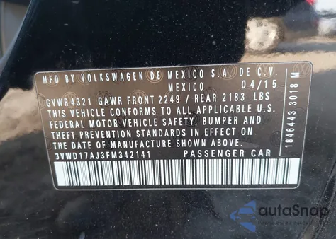 2015 Volkswagen Jetta 1.8T Se из США, поврежденный, VIN 3VWD17AJ3FM342141